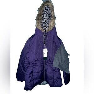 Girls Purple Hooded Jacket with Faux Fur Trim